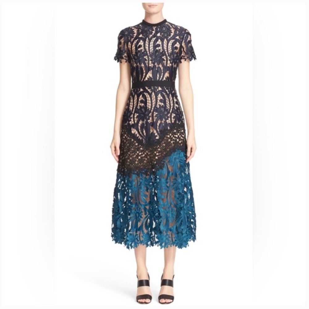 Self Portrait Blue Prairie Lace Guipure Midi Dress - size 8